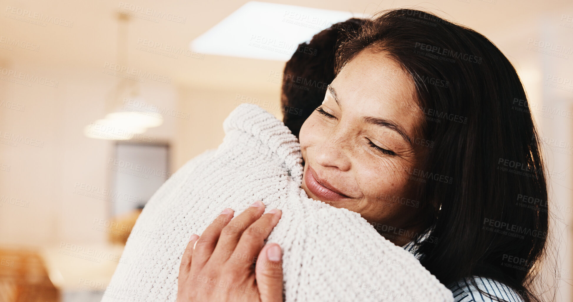 Buy stock photo Happy couple, hug and love in home, relax and connection with partner on break and marriage loyalty. People, embrace and affection for spouse, relationship commitment and bonding with smile in house