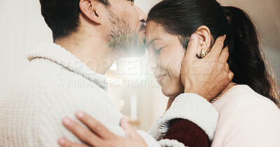 Buy stock photo Forehead, kiss and happy couple in home, love and bonding with partner on break or marriage loyalty. House, flare and connection with spouse, relationship commitment and people with smile on weekend