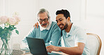 Senior, dad or man with laptop for advice, app navigation and account setup for online banking. Happy, asian father and son with help in home for portal login, hug or digital literacy in retirement