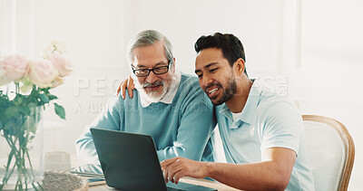 Buy stock photo Senior, dad or man with laptop for advice, app navigation and account setup for online banking. Happy, asian father and son with help in home for portal login, hug or digital literacy in retirement