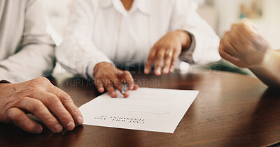 Buy stock photo Hands, couple and lawyer at house with document, application and legal form for last will. People, attorney or consent with letter for asset protection, inheritance beneficiary and testament contract