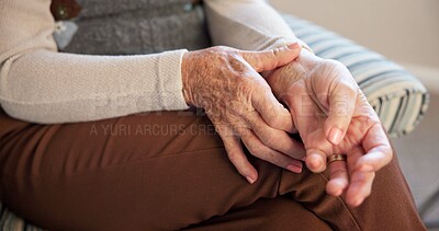 Buy stock photo Wrist pain, arthritis and senior woman in home with muscle sprain, inflammation or fibromyalgia. Osteoporosis, carpal tunnel and elderly person in house with hand injury, pinched nerve or gout.