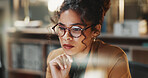 Accounting, thinking and woman for bookkeeping, research or budget report for audit. Finance policy, solution and accountant with glasses for planning, profit review and business tax in office