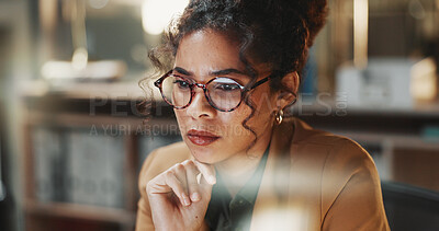 Buy stock photo Accounting, thinking and woman for bookkeeping, research or budget report for audit in office. Finance policy, solution and accountant with glasses for planning, profit review and business tax