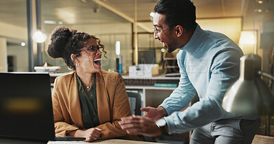 Buy stock photo People, team and surprise with laptop for startup, notification or excited for deal at media company. Happy man, woman and wow with tech for announcement with proposal approval at creative agency