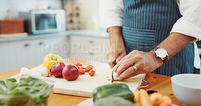 Buy stock photo Hands, cutting board and cooking in kitchen for diet, health and vegan nutrition with vegetables. Man, meal prep and slice ingredients for natural organic food, dinner and culinary recipe at home