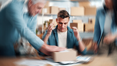 Buy stock photo Man, stress and logistics in small business with distribution, shipping or delivery deadline. Team, blur and overwhelmed with multitasking for supply chain manager with documents, box or clipboard