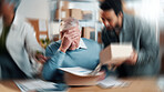 Team, stress and logistics in small business with distribution, shipping or delivery deadline. Mature man, blur and overwhelmed with multitasking for supply chain with documents, box or clipboard