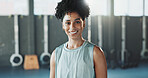 Fitness, portrait or happy woman in gym with pride, good mood or workout hobby on weekend break. Wellness, person or athlete in center with flare, confidence or positive attitude in exercise activity