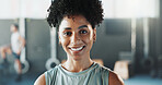 Fitness, portrait or happy woman in center with pride, good mood or workout hobby on weekend break. Wellness, person or athlete in gym with smile, confidence or positive attitude in exercise activity