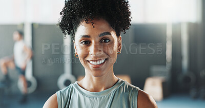 Buy stock photo Fitness, portrait or happy woman in center with pride, good mood or workout hobby on weekend break. Wellness, person or athlete in gym with smile, confidence or positive attitude in exercise activity