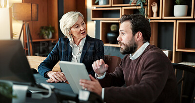 Buy stock photo Business, feedback and people in office with tablet, funding idea and teamwork on sales pitch. Brief, digital and finance advisor with tech, budget report or partnership review on investment proposal