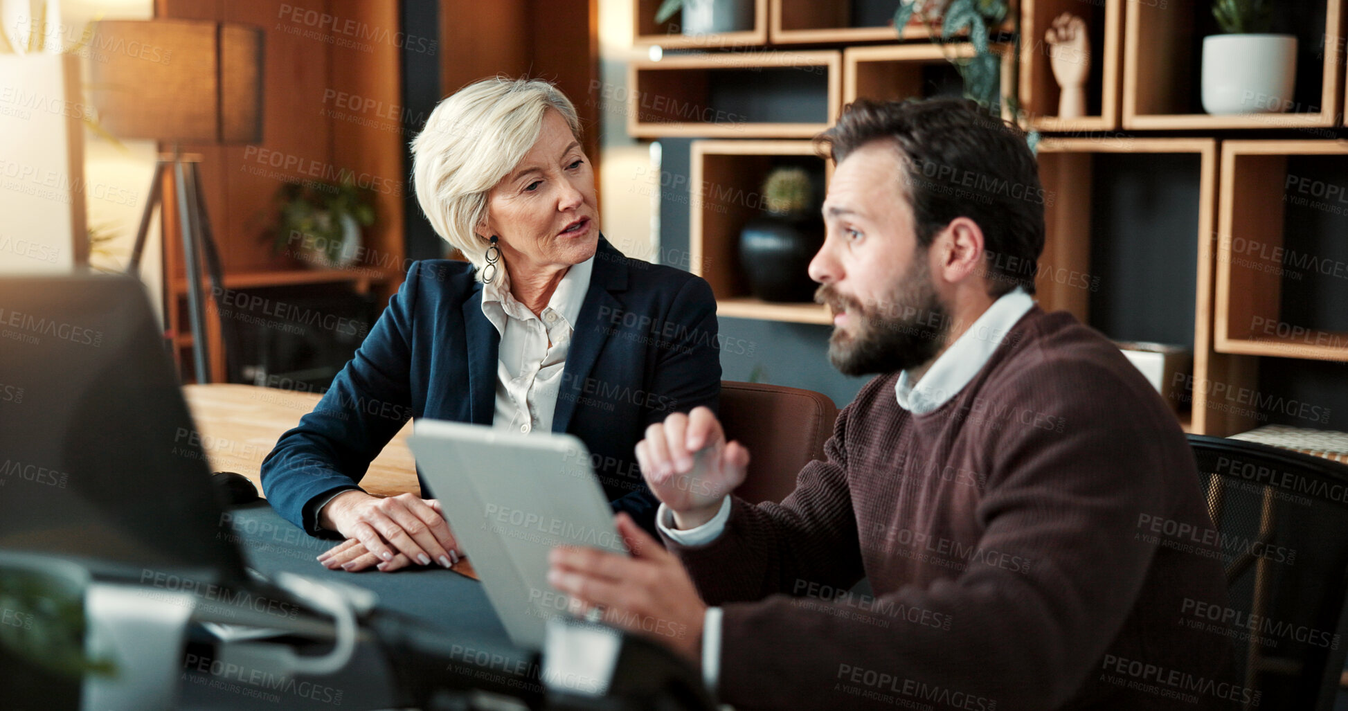 Buy stock photo Business, feedback and people in office with tablet, funding idea and teamwork on sales pitch. Brief, digital and finance advisor with tech, budget report or partnership review on investment proposal