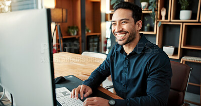 Buy stock photo Happy, typing and business man in office for app development, website design or UX coding. Person, computer and building software program for technology, programming and planning in workplace