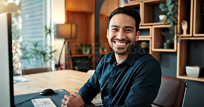 Buy stock photo Business, portrait or man in agency with smile, wealth advisor or about us in finance industry. Happy, ambition or investment consultant with pride, risk specialist or confidence as portfolio manager