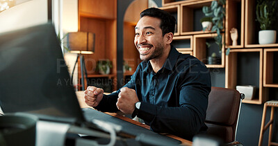 Buy stock photo Happy, businessman and winning with laptop in office for achievement, good news or promotion bonus. Excited, man or employee with fist pump or smile on computer for accomplishment or business success