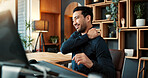 Businessman, laptop and neck pain in office with discomfort for muscle tension or bad posture. Frustrated, man or employee with sore spine, shoulder or injury for overworked strain or pressure