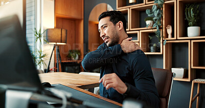 Buy stock photo Businessman, laptop and neck pain in office with injury for muscle tension or bad posture. Frustrated, man or employee with sore spine, shoulder or discomfort for overworked strain or work pressure
