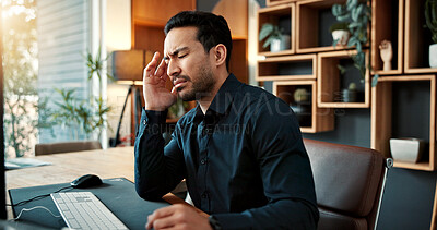 Buy stock photo Businessman, headache or burnout with stress in office for muscle tension, discomfort or deadline. Frustrated, man or employee with migraine for mental health, overworked or pressure in workplace