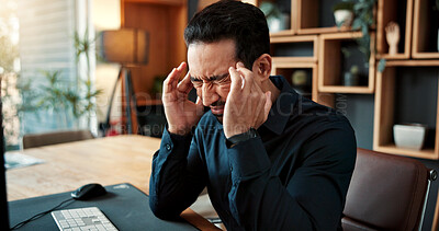 Buy stock photo Office, headache or business man with stress for muscle tension, discomfort or project deadline. Frustrated, person or employee with migraine for mental health, overworked strain or work pressure