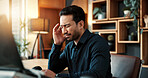 Businessman, headache or pain with stress in office for muscle tension, discomfort or deadline. Frustrated, man or employee with migraine for mental health, overworked strain or pressure in workplace