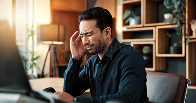 Buy stock photo Businessman, headache or pain with stress in office for tension, burnout discomfort or deadline. Frustrated, man or employee with migraine for mental health, overwork strain or pressure in workplace