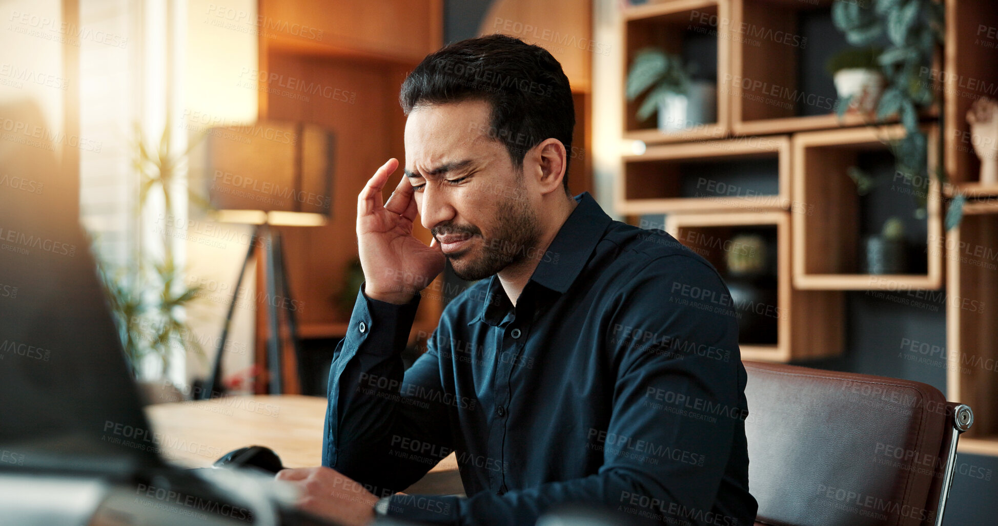 Buy stock photo Businessman, headache or pain with stress in office for tension, burnout discomfort or deadline. Frustrated, man or employee with migraine for mental health, overwork strain or pressure in workplace