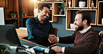 Happy, people and handshake in office with business deal, partnership or revenue data for investment. Men, smile and shaking hands in workplace with sales stats, graphs and venture capital agreement.