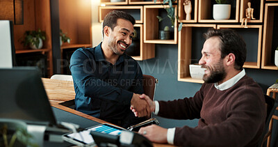 Buy stock photo Happy, people and handshake in office with business deal, partnership or revenue data for investment. Men, smile and shaking hands in workplace with sales stats, graphs and venture capital agreement.