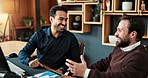 Happy, people and discussion in office with data analysis, connection or partnership for investment. Men, smile and conversation in business with stats, graphs and collaboration for venture capital.
