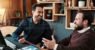 Buy stock photo Happy, people and discussion in office with data analysis, connection or partnership for investment. Men, smile and conversation in business with stats, graphs and collaboration for venture capital.