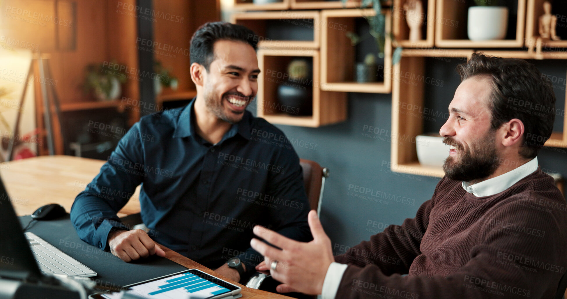 Buy stock photo Happy, people and discussion in office with data analysis, connection or partnership for investment. Men, smile and conversation in business with stats, graphs and collaboration for venture capital.