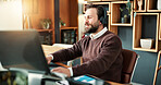 Happy, man and telemarketing in office with laptop, good performance and data analysis for revenue. Consultant, person and smile in business with computer, lead generation stats and sales graphs.