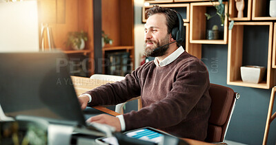 Buy stock photo Happy, man and telemarketing in office with laptop, good performance and data analysis for revenue. Consultant, person and smile in business with computer, lead generation stats and sales graphs