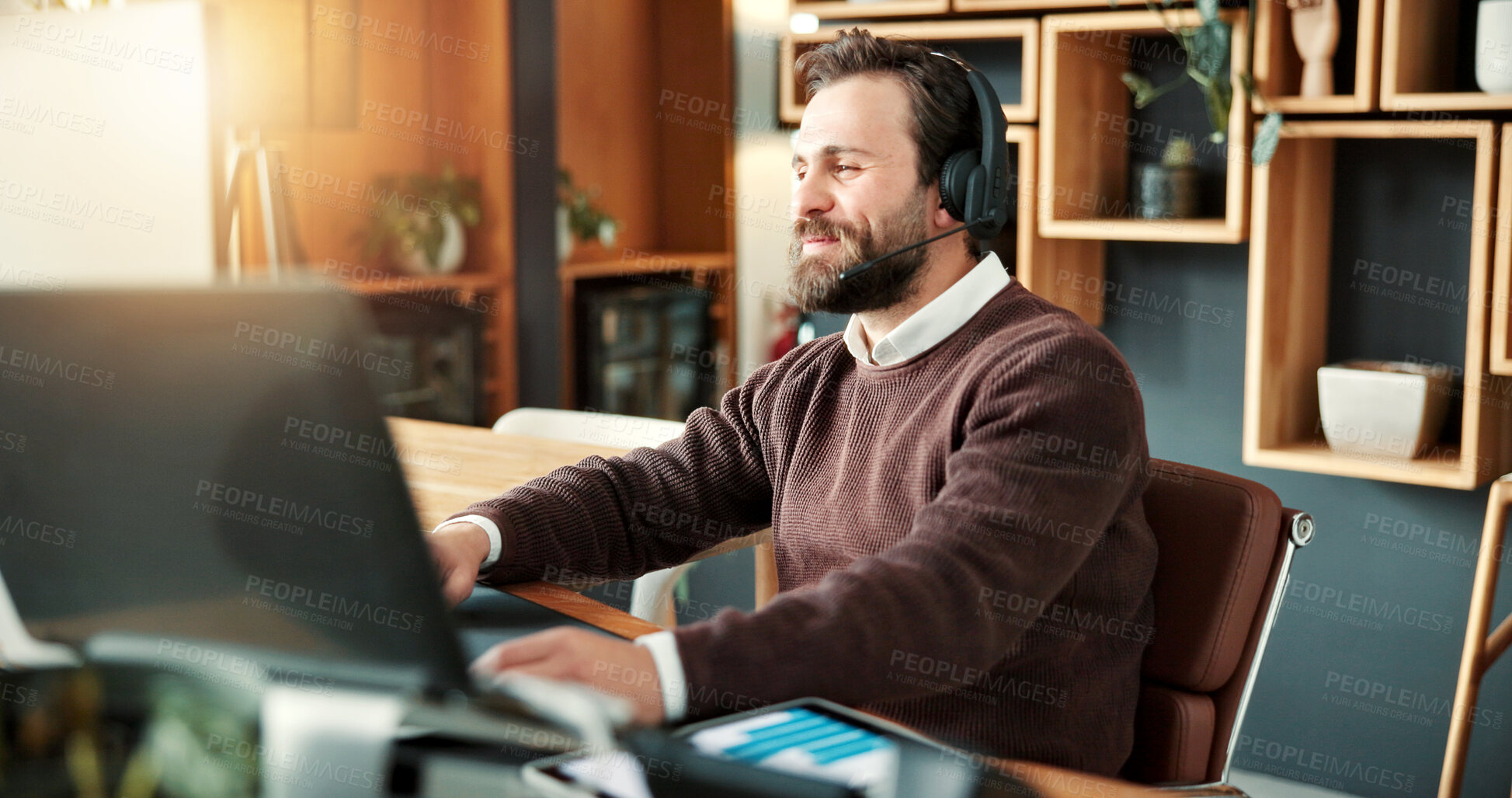 Buy stock photo Happy, man and telemarketing in office with laptop, good performance and data analysis for revenue. Consultant, person and smile in business with computer, lead generation stats and sales graphs