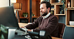 Business man, typing or programming in workplace for app development, website design or coding. Person, computer and building software program for technology, programmer and UX planning in office