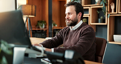 Buy stock photo Business man, typing or programming with computer for app development, website design or coding. Person, tech and building software program for technology, programmer and UX planning in office