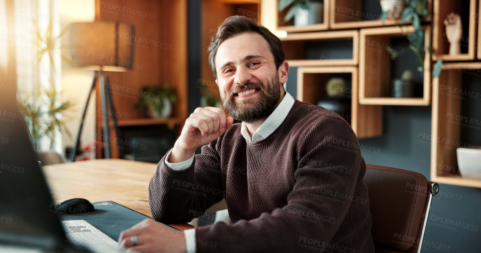 Buy stock photo Finance, portrait or man in office with smile, wealth advisor or about us in accounting career. Happy, ambition or investment consultant with pride, risk specialist or confidence as portfolio manager