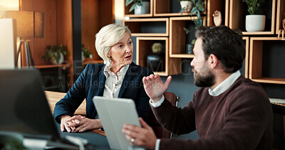Buy stock photo Business, feedback or team in agency with tablet, funding idea or collaboration on sales pitch. Brief, people or finance advisor with tech, budget report or partnership review on investment proposal.