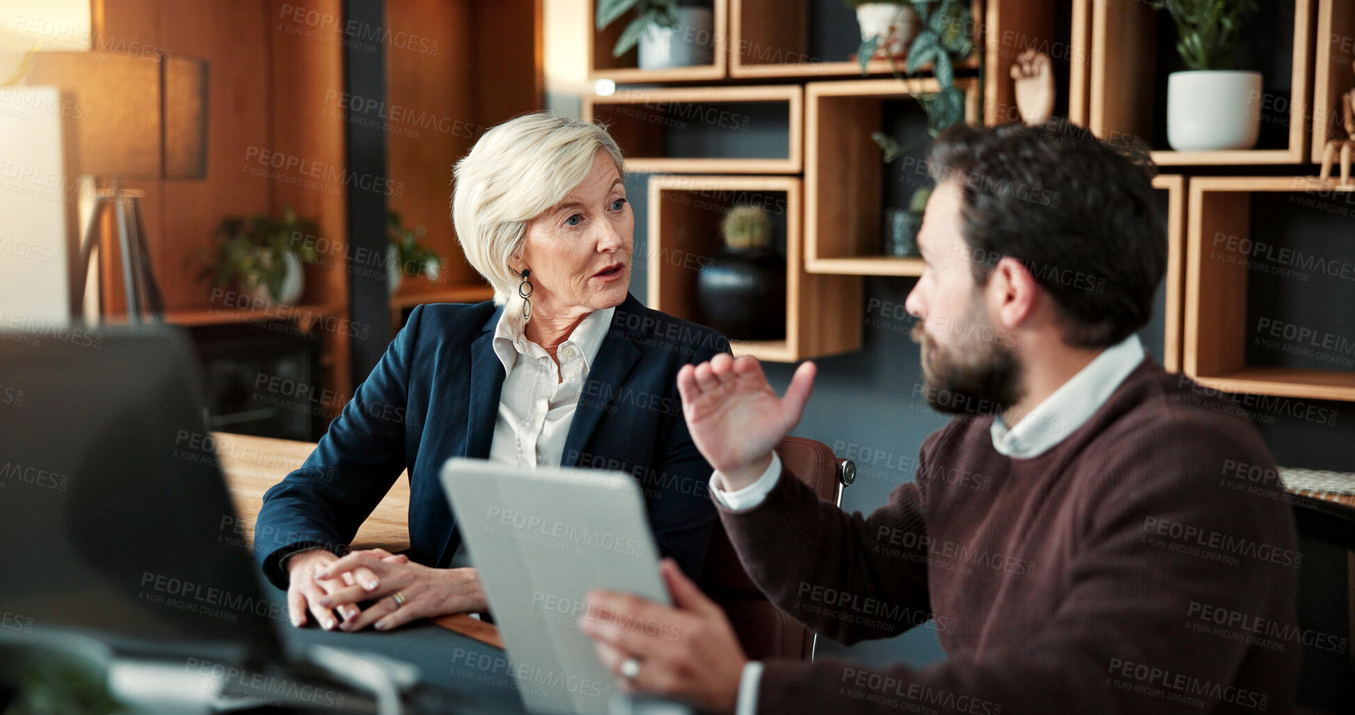 Buy stock photo Business, feedback or team in agency with tablet, funding idea or collaboration on sales pitch. Brief, people or finance advisor with tech, budget report or partnership review on investment proposal.