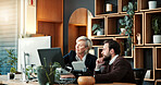 Manager, people and discussion in office with computer, stock market website or planning investment. Financial trader, team and talk in business with pc, monitor company shares and wealth management.