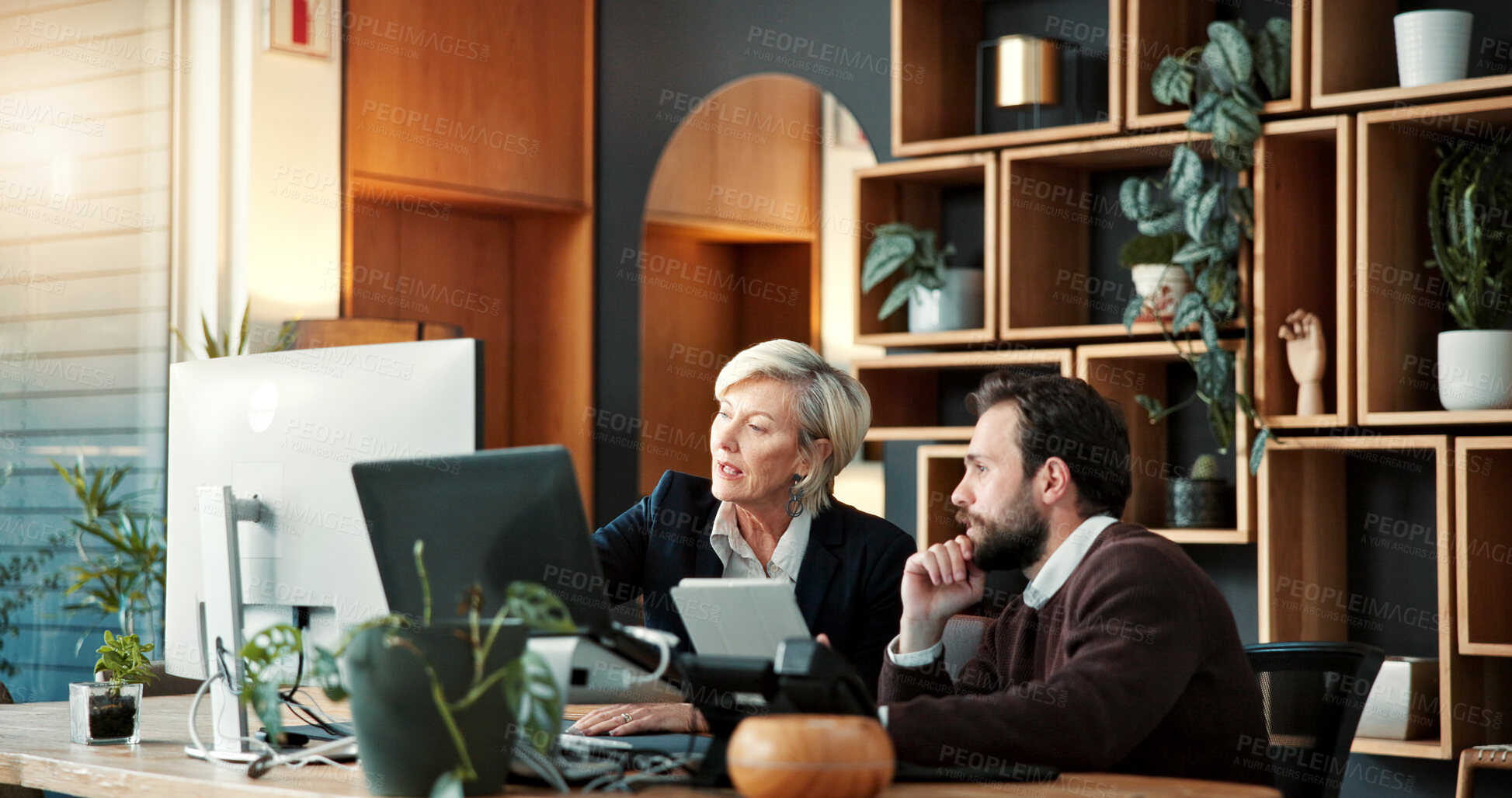 Buy stock photo Manager, people and discussion in office with computer, stock market website or planning investment. Financial trader, team and talk in business with pc, monitor company shares and wealth management.