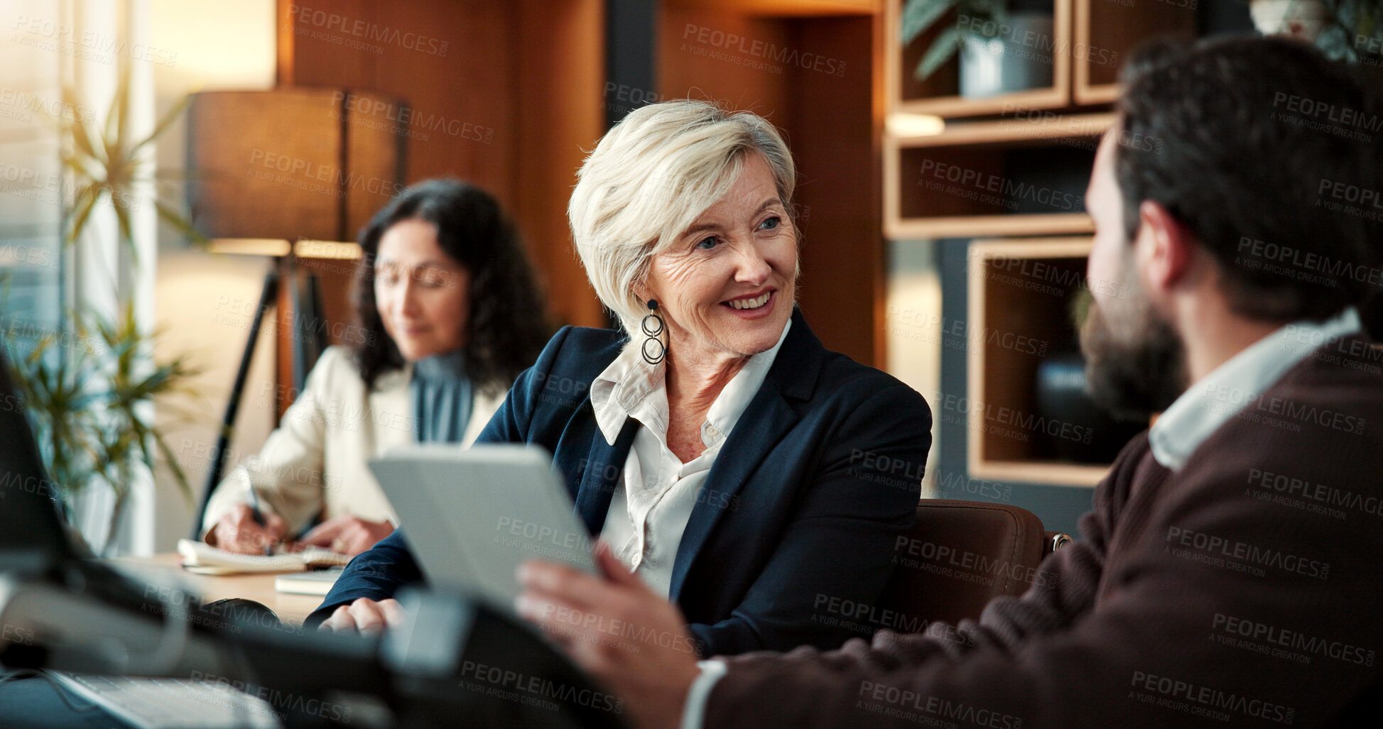Buy stock photo Business, feedback and people in agency with tablet, funding idea and teamwork on sales pitch. Brief, digital and finance advisor with tech, budget report or partnership review on investment proposal