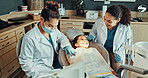 Dental, exam or girl with dentist for smile, cleaning or gum disease in consultation for health. Orthodontist, assistant and women for teeth whitening, oral care or treatment for mouth procedure