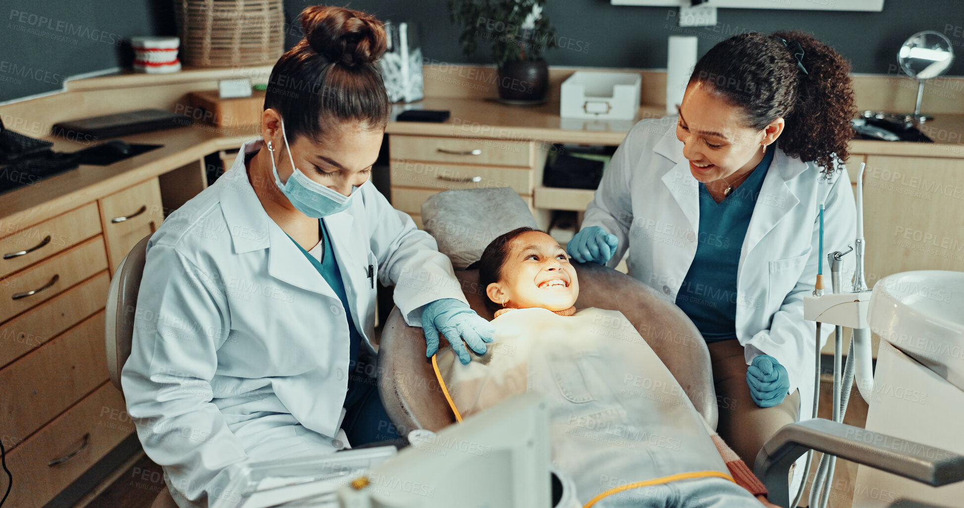 Buy stock photo Dental, exam or girl with dentist for smile, cleaning or gum disease in consultation for health. Orthodontist, assistant or happy child for teeth whitening, oral care or treatment for mouth procedure