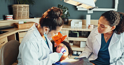 Buy stock photo Dental, exam or patient with dentist for cleaning, cavity or gum disease in consultation for health. Orthodontist, assistant and women for teeth whitening, oral care or treatment for mouth procedure