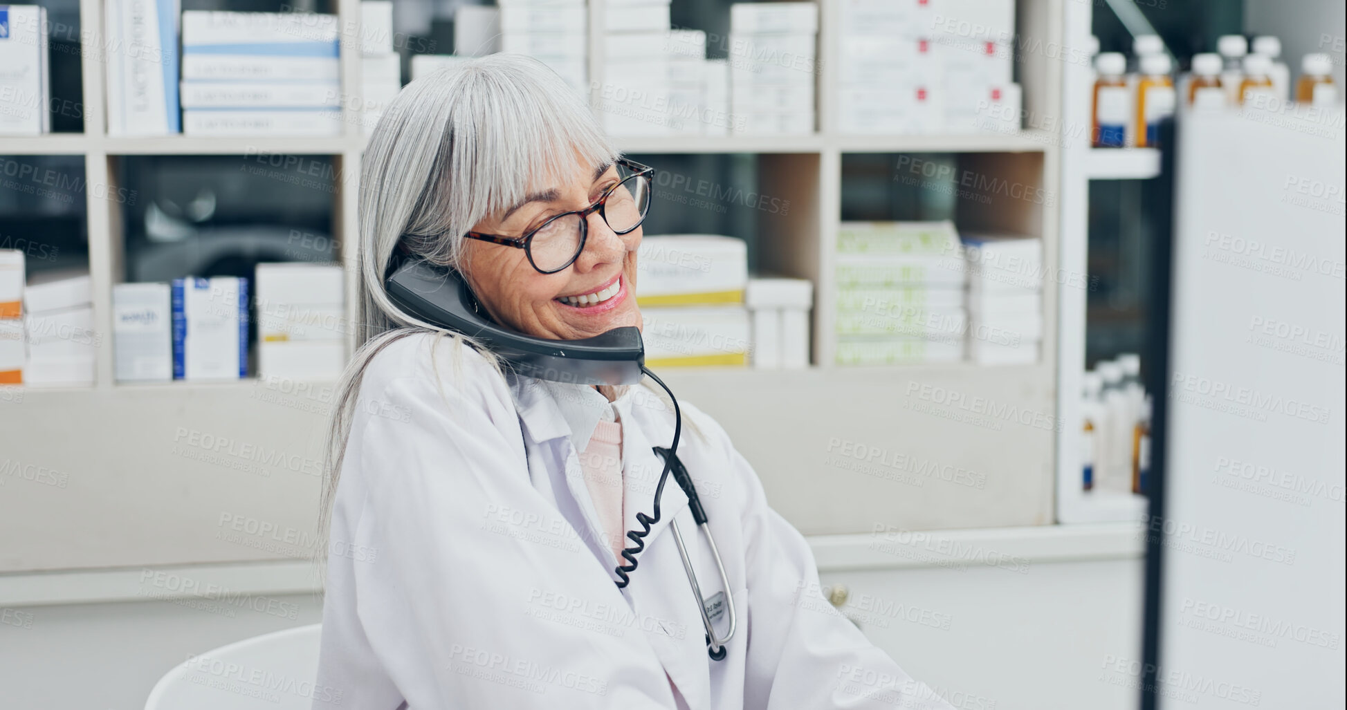 Buy stock photo Pharmacist, phone call and happy woman with computer in pharmacy, discussion or prescription status. Chemist, consultation and mature person with telephone, health and communication with contact