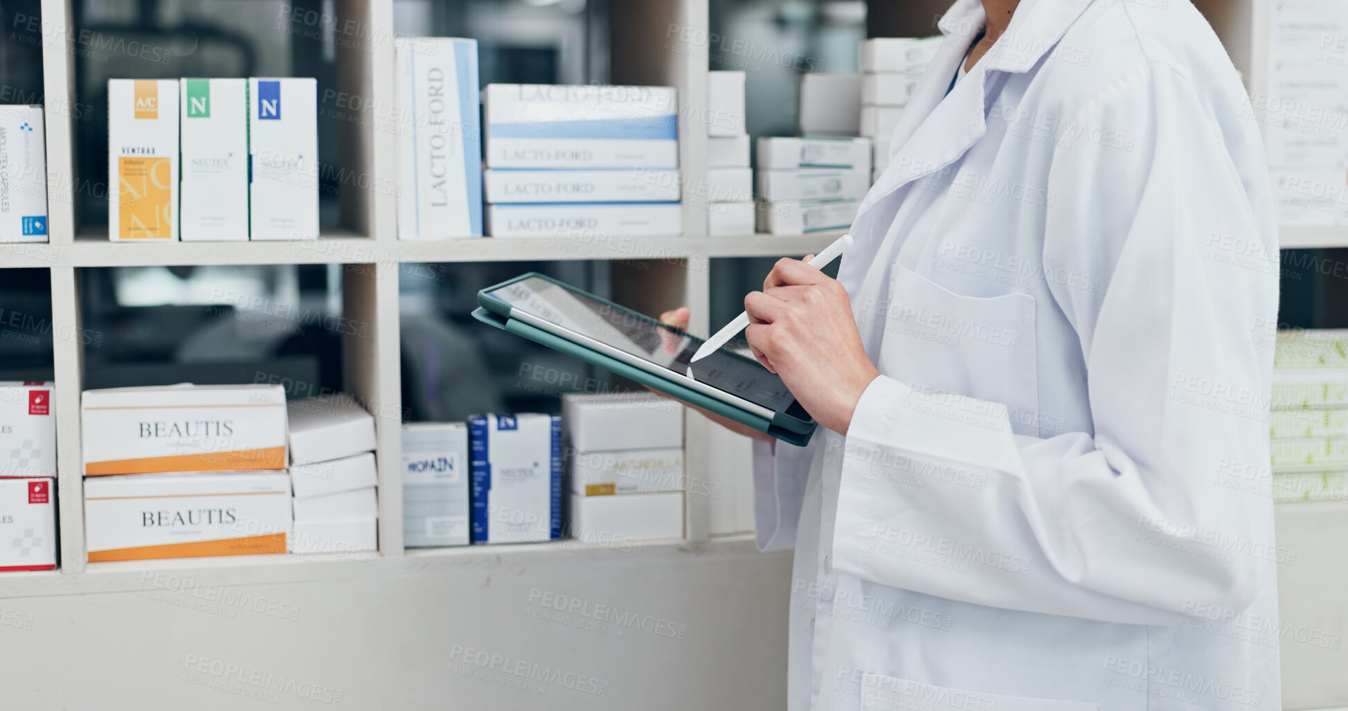Buy stock photo Chemist, hands and writing in pharmacy with tablet, inventory management and report for drugs stock. Pharmacist, person and notes in dispensary with tech, stylus and quality control for medicine