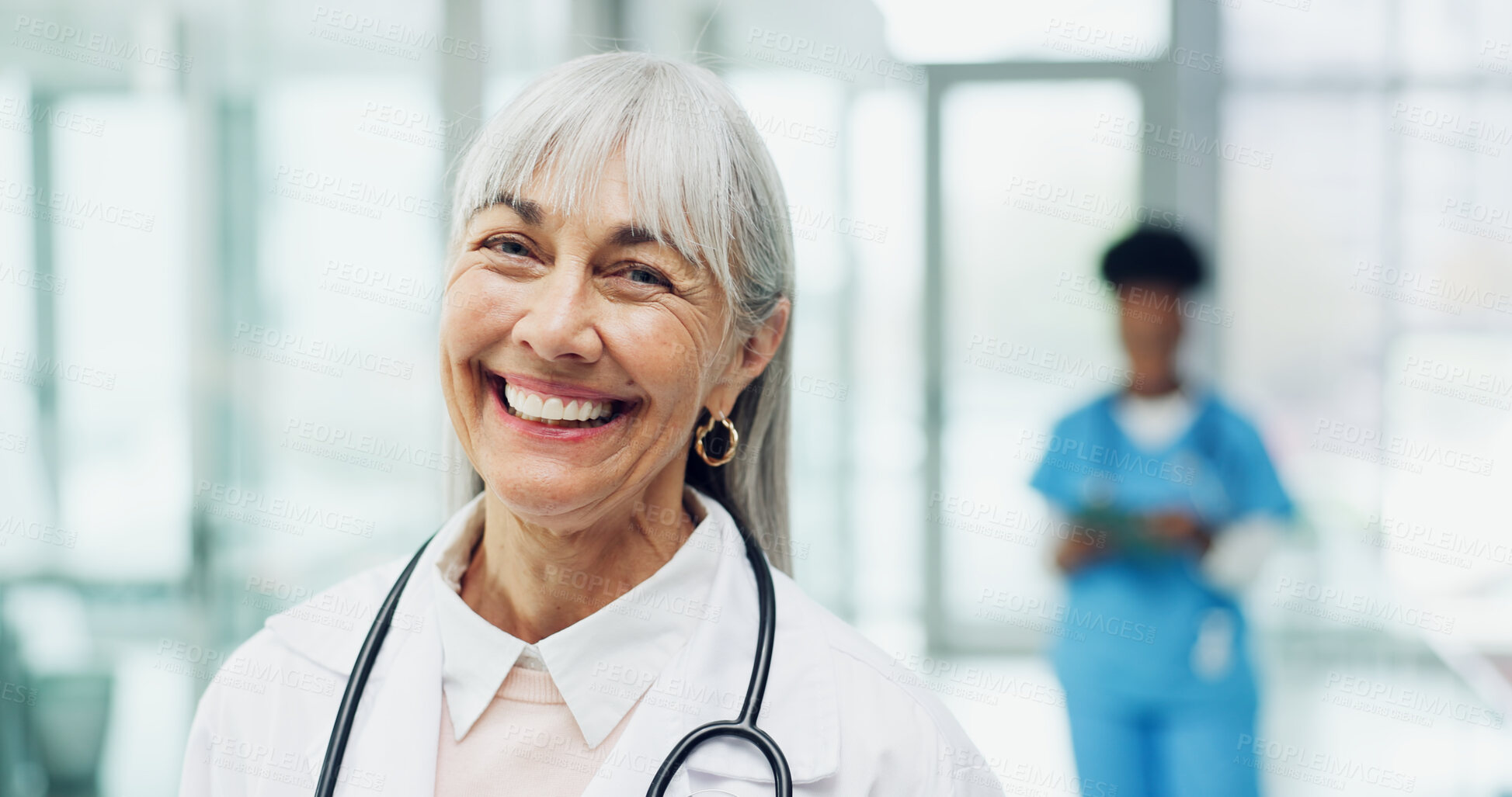 Buy stock photo Portrait, woman and doctor in clinic for medical service, smile and pride with career experience. Mature person, happy healthcare worker and physician in hospital, general practitioner or about us