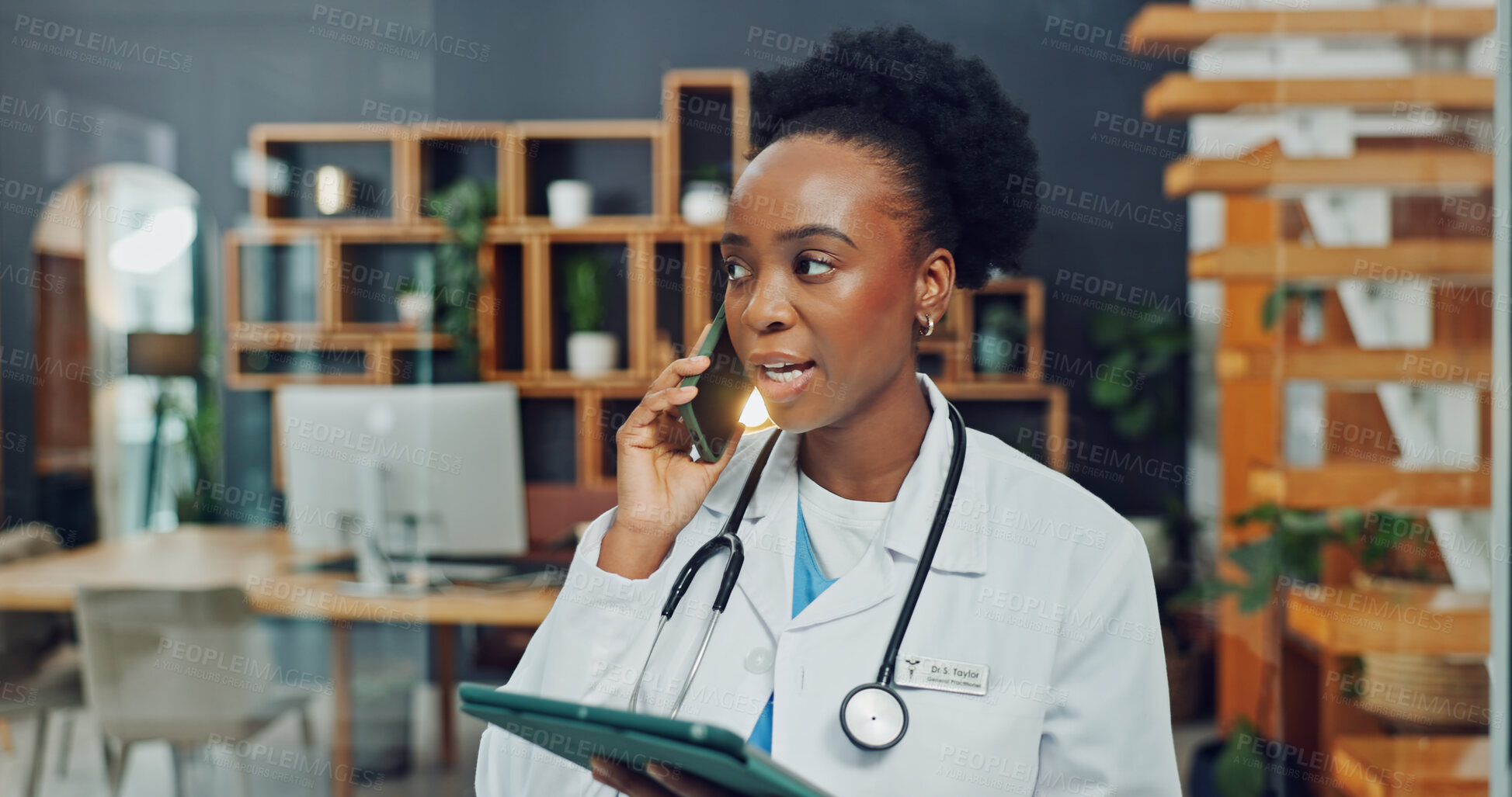 Buy stock photo Doctor, phone call and woman with tablet in clinic, appointment schedule or discussion with contact. Health, medical professional and black person with mobile, communication and telehealth in office